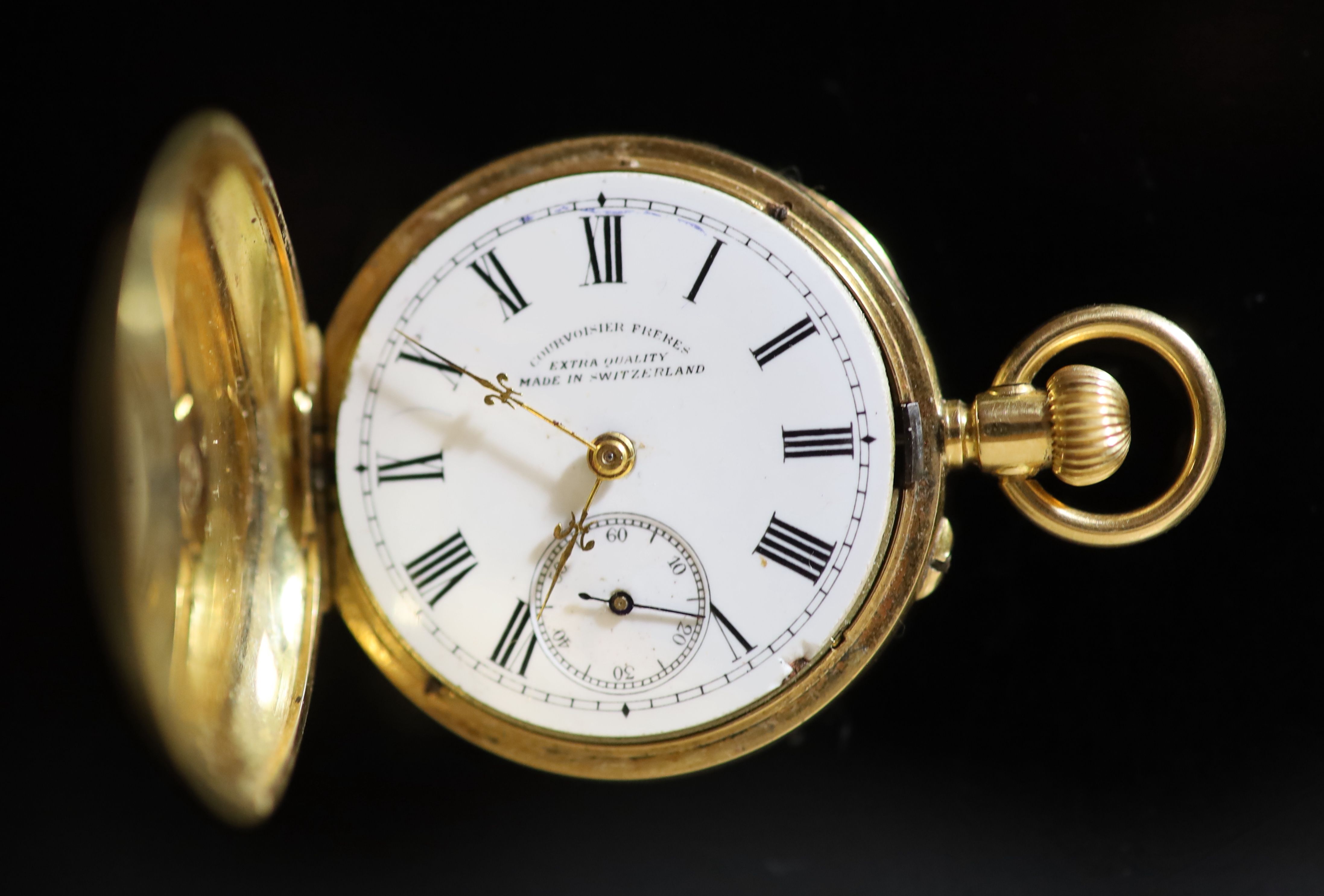 An early 20th century Swiss engine turned 18k gold hunter keyless fob watch,